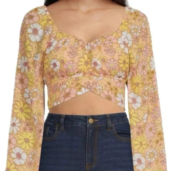 Madden NYC Juniors Floral Crop Top XL Yellow Orange Cropped Back Tie Long Sleeve - Picture 15 of 15
